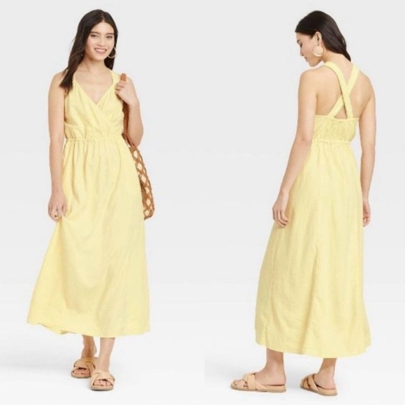 Butter Yellow Sleeveless linen Maxi Dress crisscross back size small crossover - Picture 1 of 9